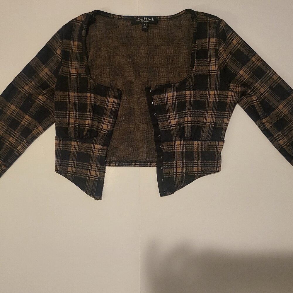 Mixed Threads Brown/Black Plaid Long-Sleeve Corset-Style Bustier